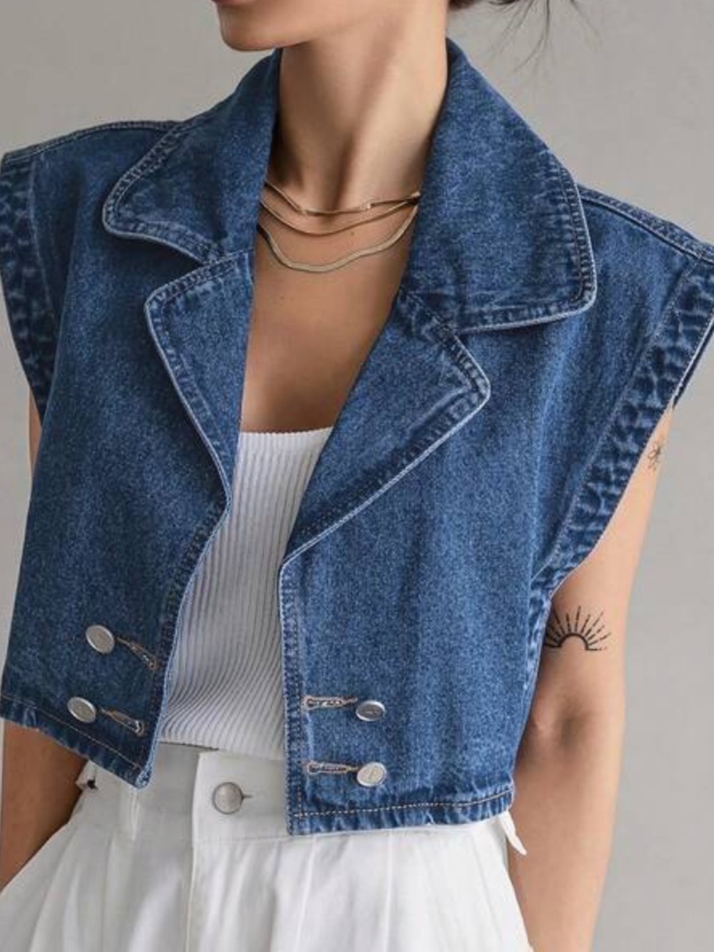 Sleeveless Blue Denim Cropped Vest with Notch Lapel